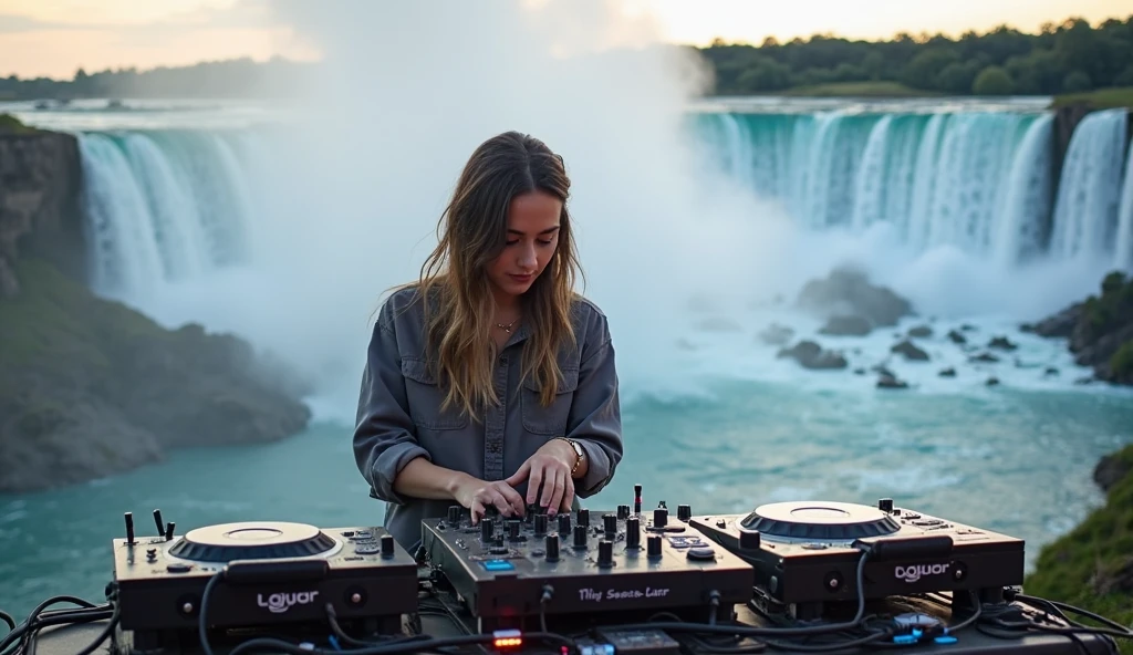 pregnant DJ mixing a set at the EDM festival <lora:preggy>