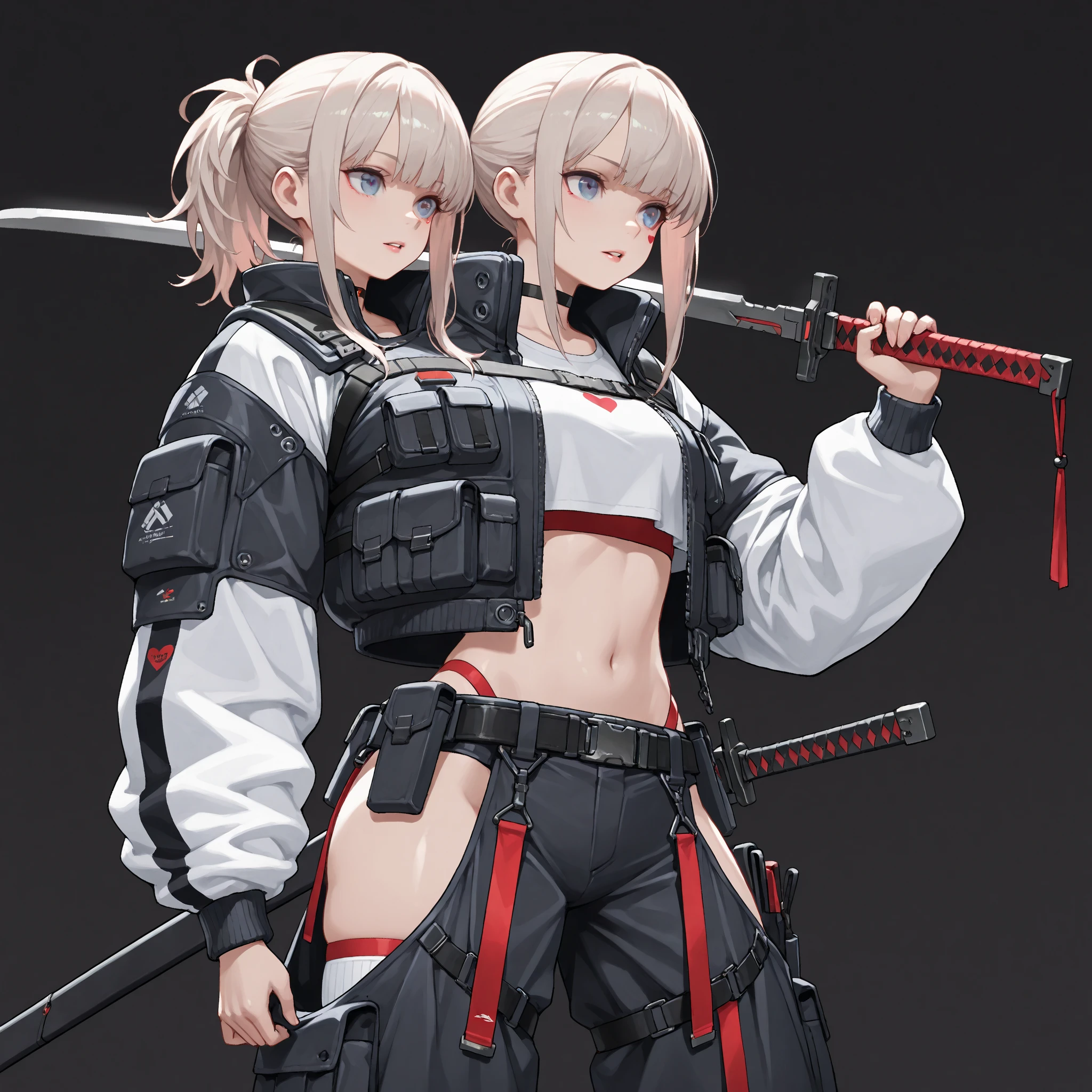 (masterpiece), highly detailed, (best quality), high quality, 1girl, (solo, solo focus), purple eyes, beautiful detailed eyes, beautiful detailed face, (perfect hands, complete fingers), perfect anatomy, perfect proportions, (short hair, (ponytail hair), grey hair), (hair over one eye:1.3), (using katana sword), detailed shadows, detailed light, (black skintight bodysuit, (black leotard, assault vest), (full black pantyhose, skintight black leggings), matching boots, full body, serious, cowboy shot, snowy alleyway backdrop. (back view, rear view), full body costume design.
