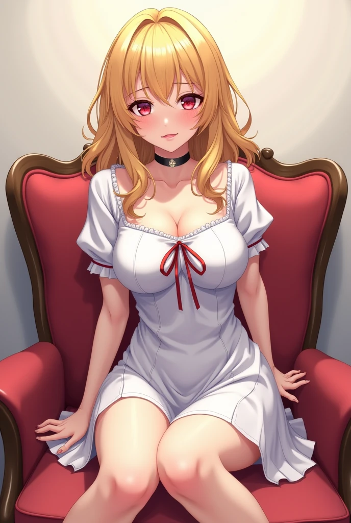 anime, beautiful face, highly detailed face, 2 accurate legs detailed eyes, highly detailed background, perfect lighting, accurate arms, accurate hands, accurate fingers, full body, 1girl, solo, ruby hoshino, oshi no ko, indoors, detailed heels, white detailed thighhighs, outdoor, ina garden of flowers, absurdres, high res, ultrasharp, 8K, masterpiece, looking at viewer, elegant pose, (full body:1.4), smiling with compassion, teasing smile, detailed dress, patterned wedding dress, cleavage, sitting down on a chair