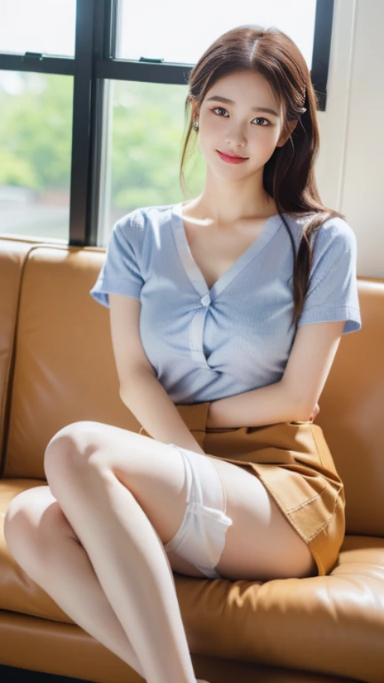 ((Show me your crotch)))、(((The camera clearly shows her panties under her skirt)))、(((The camera clearly shows her panties under her skirt)))、((Spread your legs))、((Spread your legs))、((Businesswoman)),((((Realistic))))、(((highest quality))),((Very detailed))、highest quality、1 female,(((Japanese))),8k、Very detailedな,18 women with cute idol-like faces.。Please smile kindly。Building Offices, Sitting in a chair,　Cleavage,RAW Photos　Genuine　Life