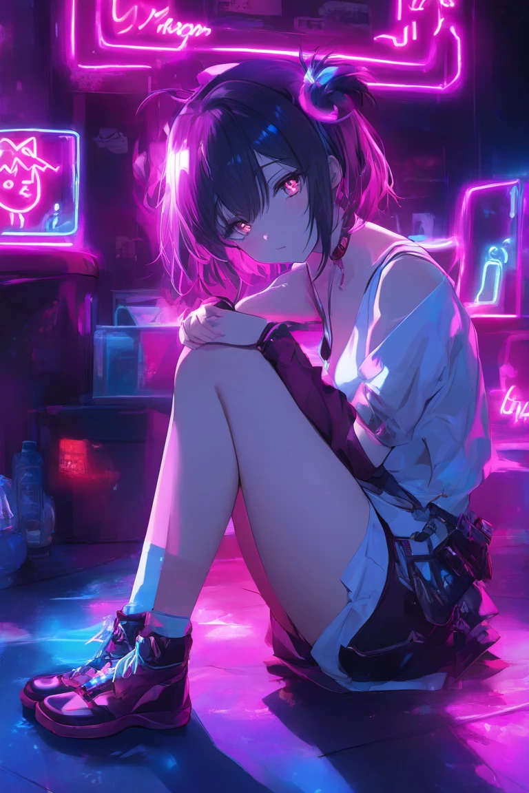 a serious anime goth woman, beautiful detailed eyes, beautiful detailed lips, extremely detailed eyes and face, longeyelashes, attractive face, attractive clothing, headphones, sitting on bed, listening to techno music, (best quality,4k,8k,highres,masterpiece:1.2),ultra-detailed,(realistic,photorealistic,photo-realistic:1.37),intricate details, dramatic lighting, moody atmosphere, cinematic, dark fashion, dark makeup, dark aesthetic, cyberpunk, neon lights, glowing electronics