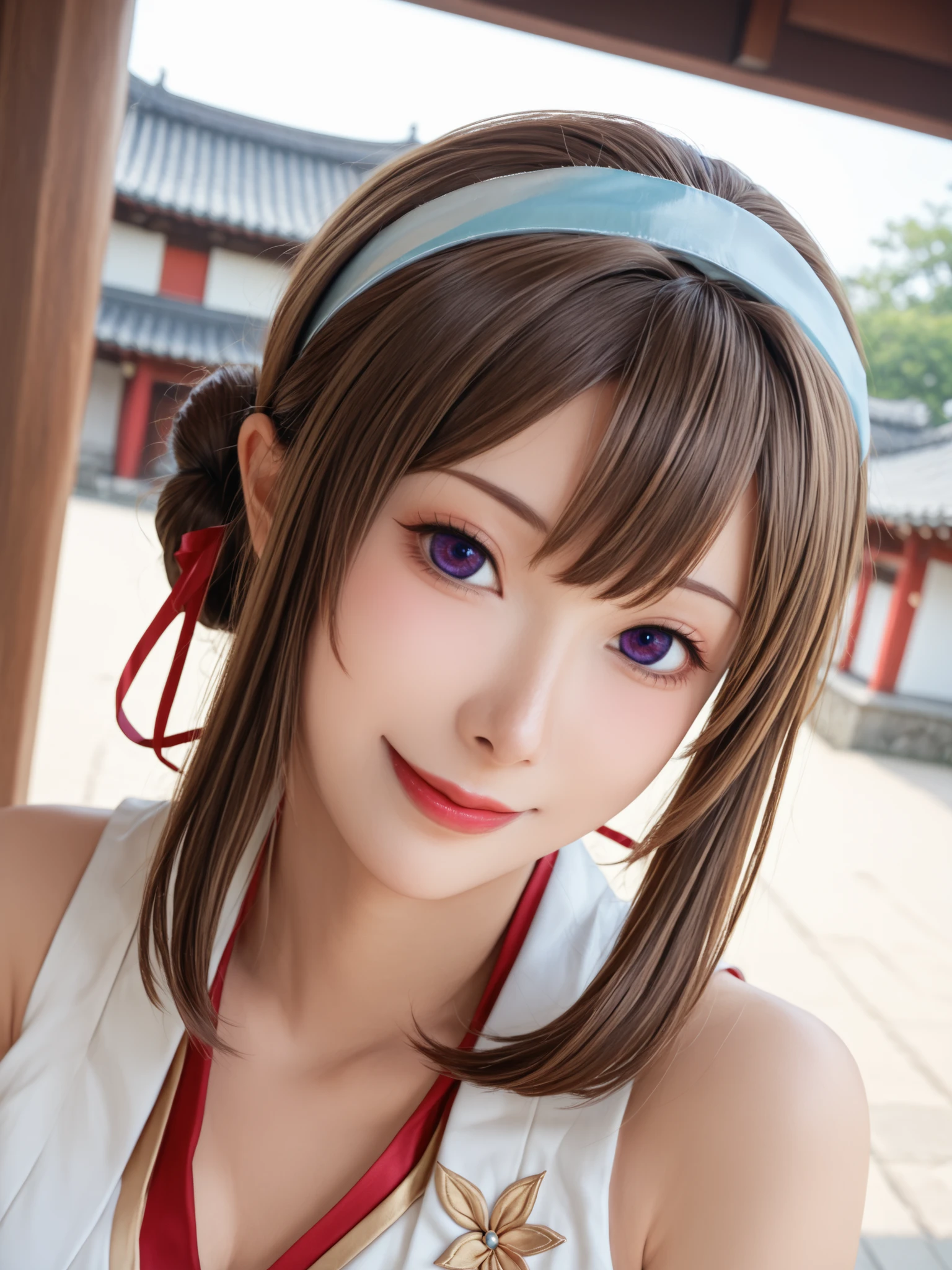(Super Detailed), (超high resolution), (8k), (high resolution), (High Quality), (最High Quality), (Detailed), (Details CG), (Cinematic Shadows:1.0), (beautiful detailed eyes), (super resolution), (depth of field), (high resolution), (masterpiece), (best quality), (great quality), (Extremely Aesthetic), (perfect eyes), (anime art style), dynamic angle, face focus, (cowboy shot), (Port town:1.4), 1girl, solo, Kong Ukaini KC ,long hair, brown hair, stupid hair, Double Bang, hair bun, Hairbands, headgear, (PURPLE EYES:1.1), facing the Lumine, knee-high, sleeveless, kimono, black facing the Lumine, ribbon trim, untraditional shrine maiden, Sleeves with ribbon, beautiful breasts, smile, look back, from behind, spread arm,