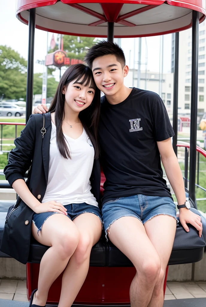 high resolution One man and one woman They are competing in sumo. Doing it in the park Dress code: T-shirt、Shorts