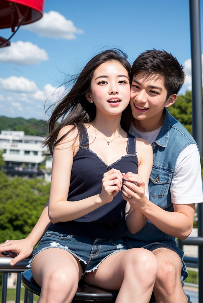 make a teenage couple talking romantically sitting on a wooden stool in front of a house in the countryside