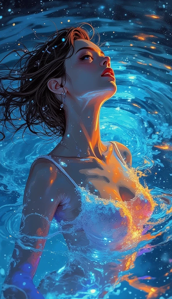 mature woman, realistic, shiny body, posing, underwater, water surface, sunset