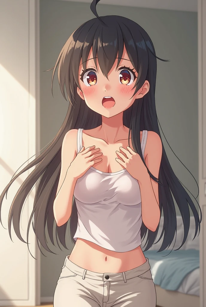 (masterpiece, high quality) brown skin anime girl in a lowcut cami top v neck, (trousers), famished in hunger, (gently resting hands on stomach), (sweating), (long hair), (hands on her stomach)