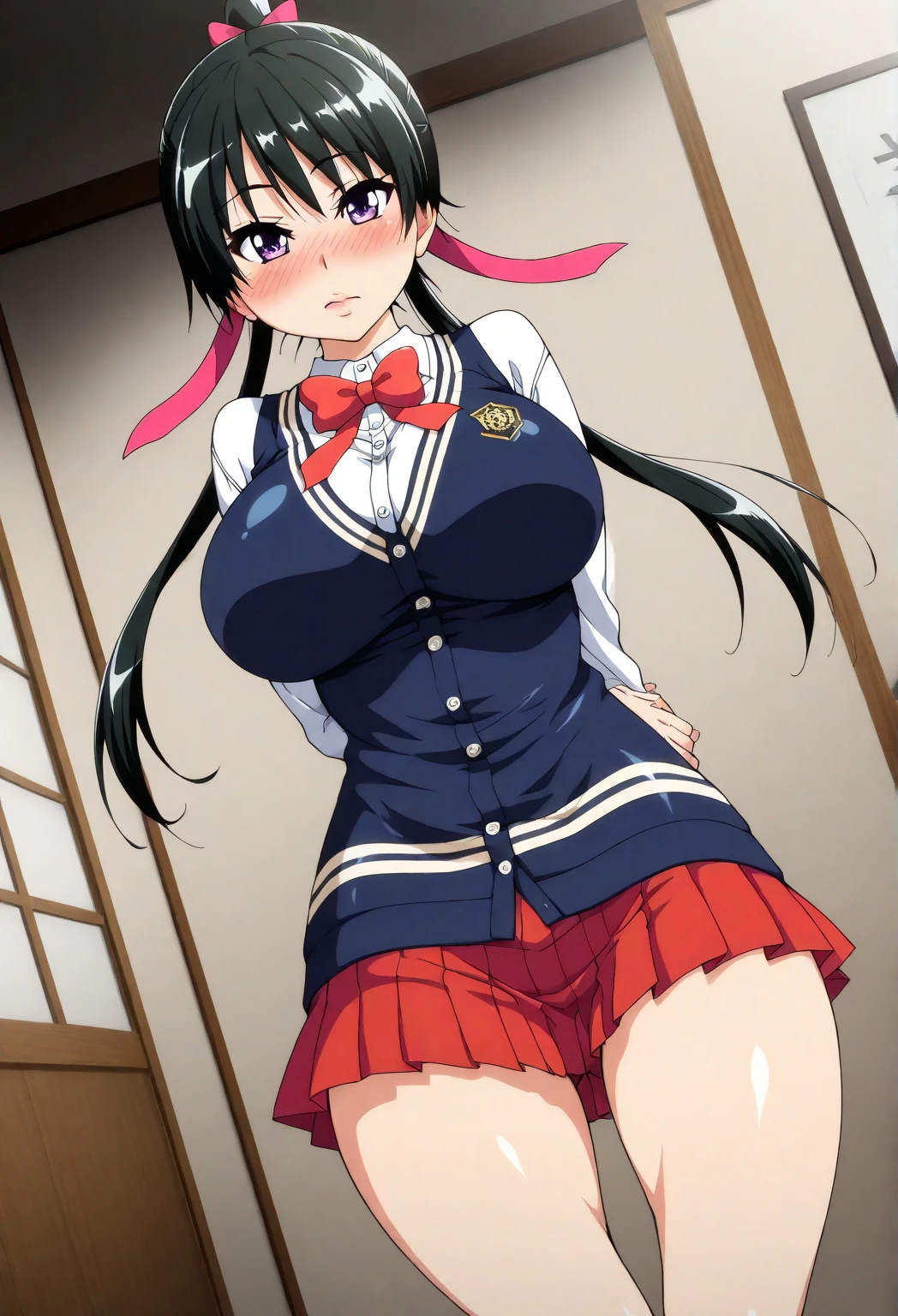 Highest quality, masterpiece, 4K, Highly detailed face, Highly detailed skin, Highly detailed wallpaper, Japanese anime, Second Dimension, Small face, Big Breasts, Normal body, Accurate body, Fine skin, Very beautiful cleavage, NSFW, whole body, One girl, A face that makes you want to have sex, On the bed, Sweaty, Cosplay, , mini skirt, Spread your legs