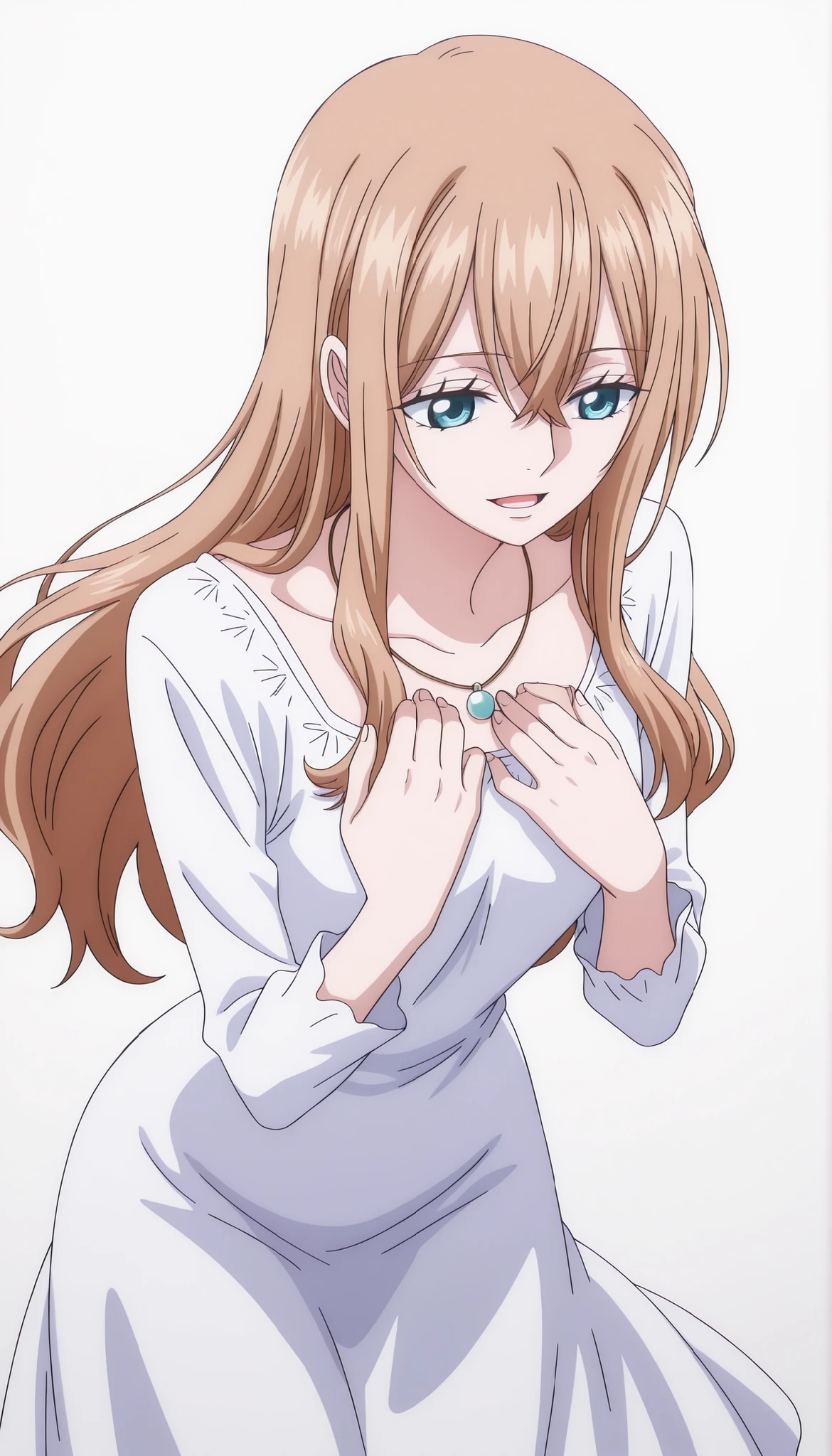 tall girl, 1girl, shiny light, ((aged up:1.5)),long hair, (bangs), hair between eyes, very light brown hair, pale skin, light blue eyes, shiny eyes,(flat chest), necklace, white summer dress, narrow waist, long sleeve ,white background, simple background, anime coloring, anime screencap, masterpiece, best quality, amazing quality, intricate details,(cowboy shot), hands to chest, light open mouth, leaning forward ,light smile, from above, (very slightly long neck:0.7),