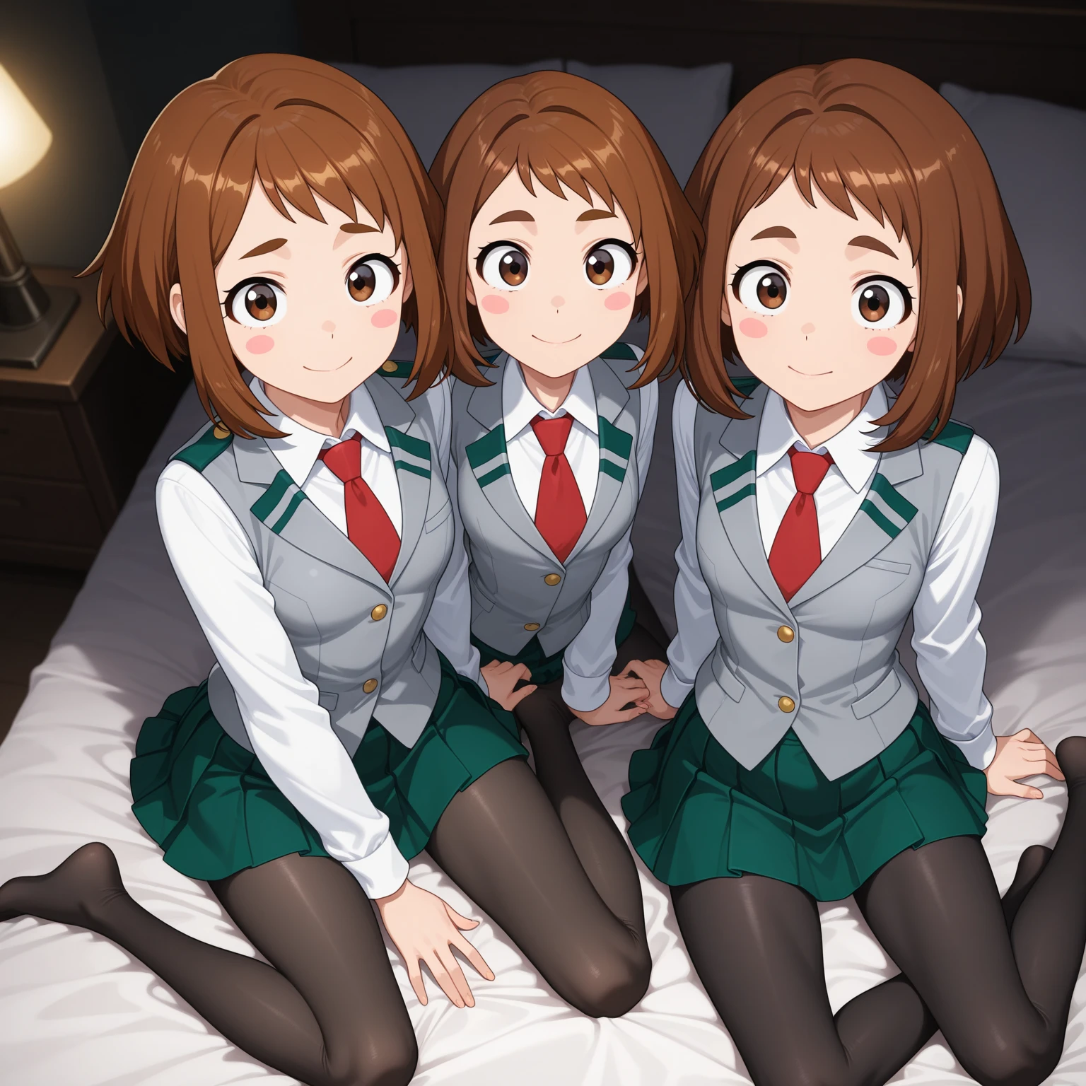 perfect anime illustration, teenage girls, medium breasts, 3girls, (((1 blonde girl, 1 redhead girl, 1 brown haired girl))), triplet sisters, rich girls, sexy schoolgirls, brown hair, red hair, blonde hair, curly hair, long hair, different hair colors, hazel eyes, smiling, white skin, (((school uniform, green jacket, closed jacket, red bowtie, green skirt, white thigh high socks, green high heels))), matching outfits, highres, bedroom, full body, posing