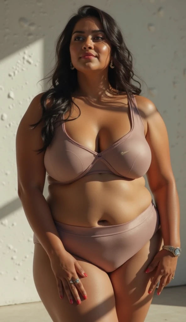 White skin, Ponytail,Red underwear,Plus size bbw indonesian ,chubby face, big ,(( high waist purple underwears)), style bra, cool temperatures color, outdoor, grass, trees