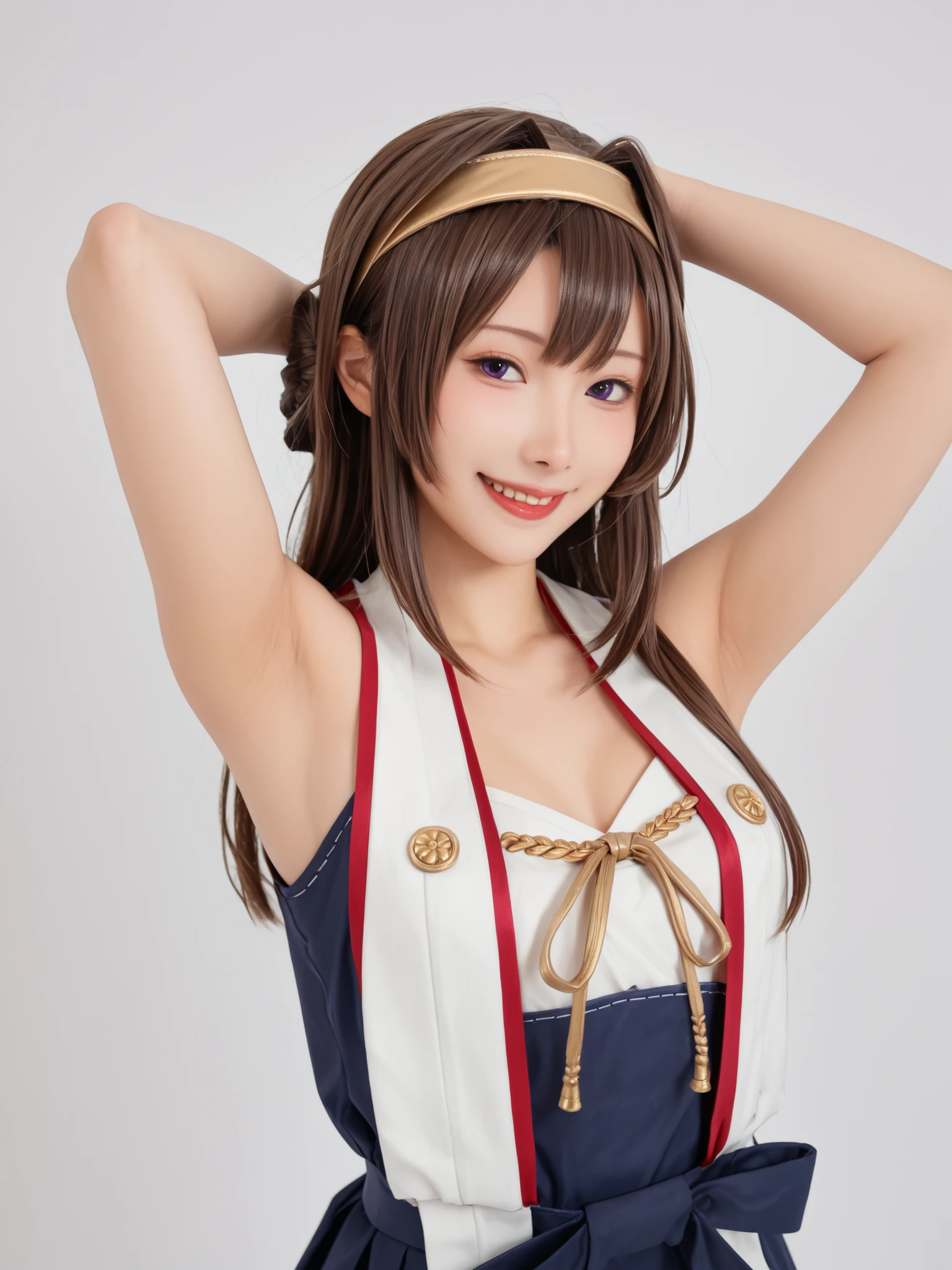 Show me your armpits,(masterpiece, top quality:1.2),figure,8k,high resolution,1 ,Alone,cowboy shot,brown_My hair,length_My hair,stupid hair,My hairband,My hair_Nice,Show me the_Nice,headgear,smile,Non-traditional_miko,purple_eye,Another 々of_sleeve,Japanese_服of間,ribbon- trim med_sleeve,ribbon_ trim ,fleet this kushon,Kanko,Kingpin,