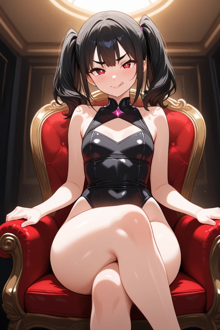 ((Highest quality)), (masterpiece)), (detailed: 1.4), Disorganized solutions、High resolution、(masterpiece:1.4)、Super detailed、Beautiful girl、Highest quality、masterpiece、Very detailed、(1 person):1.4、(Black latex swimsuit)、、Twin tails、Short Twin tails、choker、:1.1,(Shiny latex)、elbow fullgloves,thighhigh boots,Dim landscape,Dark aura,