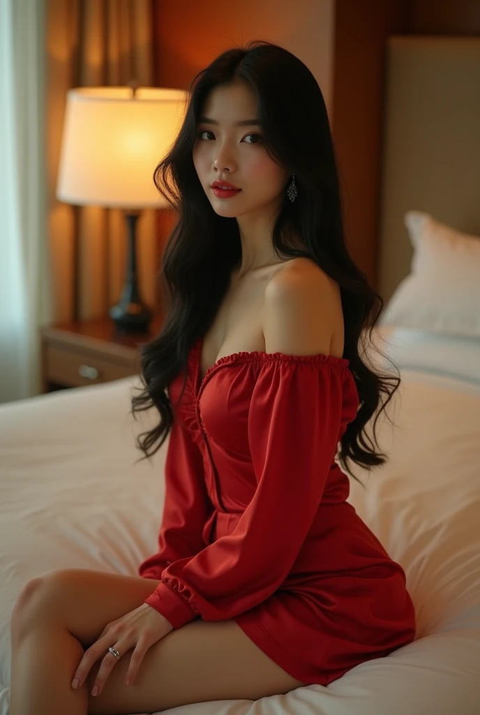 A beautiful Indonesian woman with a cute face, fair skin, and long black flowing hair, wearing a red nightgown, is in a bedroom with a morning atmosphere.