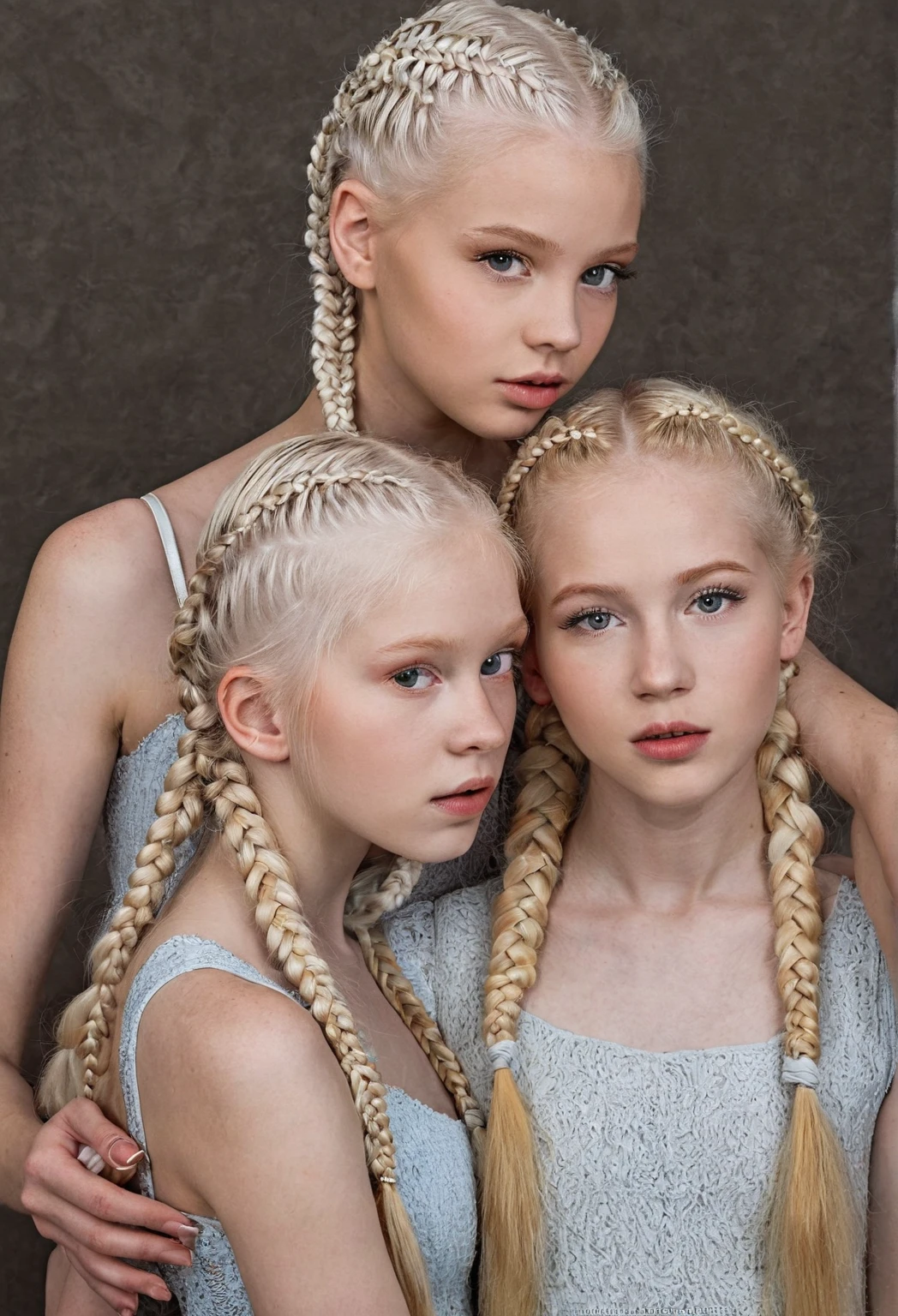 10 years old girl, golden eyes, platinum hair girl BLACK WITH BRAIDS, pearl brooch in hair, GREY BACKGROUND.