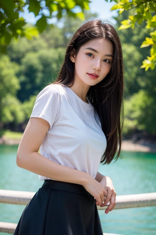 highly detailed full body, from the knees up, cute clothes, (pale), 18 year old girl with perfect face, big breasts, one girl, alone, (detailed face), (perfect detailed eyes: 1.1), (very fine skin: 1.1), sliver necklace, slim, skinny, thin, skinny, good looking, Waiter, perfect athletic body, white shirt, model shooting style, professional photography, photorealistic, cinematic, realistic, sunset, garden, real human skin, (fine skin pores), highly detailed eyes, fine skin, skin texture, intricately detailed, small details, born, analog, sharp focus, born, 8K UHD, High resolution, Digital single-lens reflex camera, high quality, Fujifilm XT3, award-winning, masterpiece, sexy pose, dancing, (High resolutionスキン : 1.4), (RAW photo, 最high quality), (realistic, photorealistic: 1.7), smile, cute pose, 