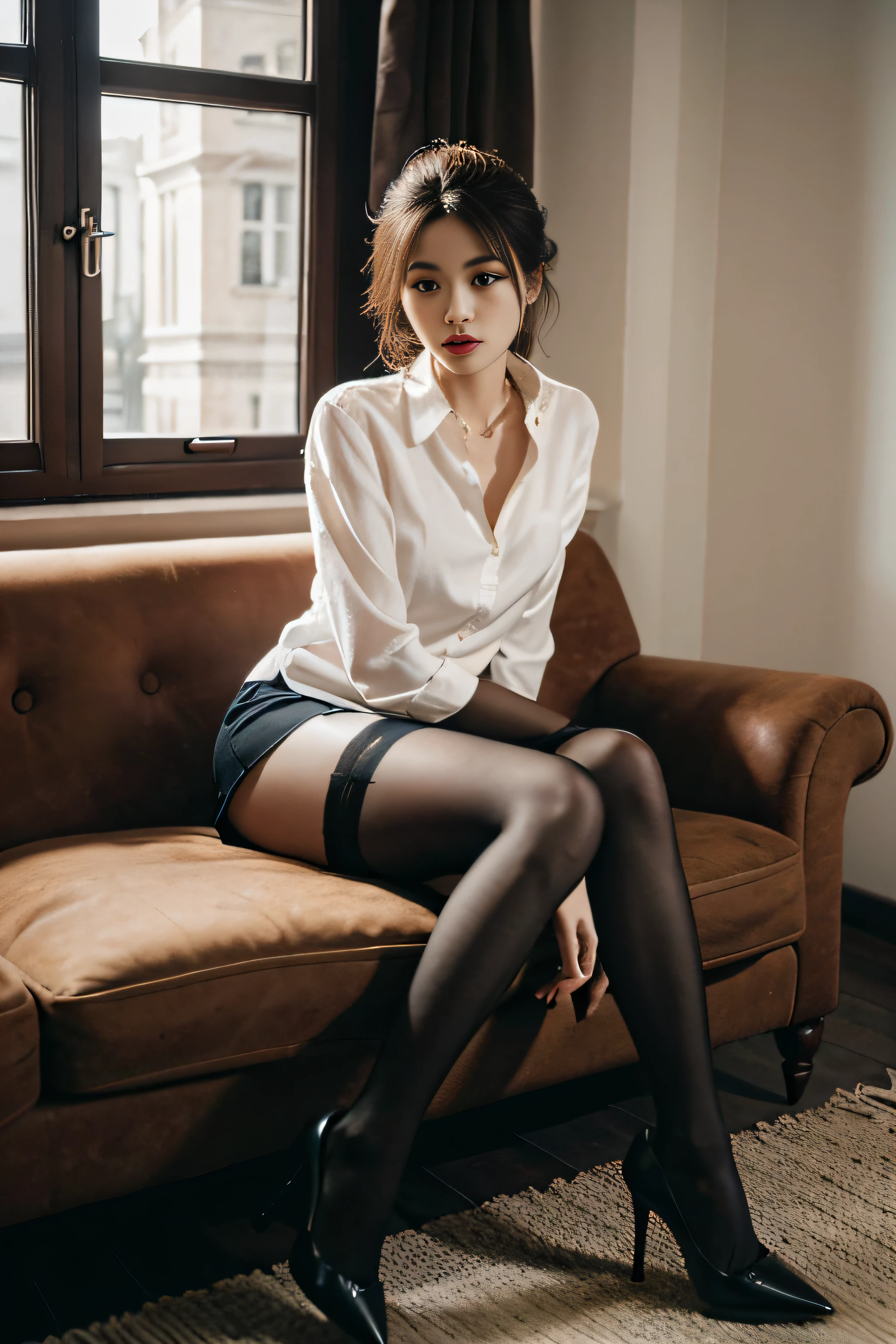 (a girl,sitting on a comfortable sofa,crossed legs,soft lighting,wearing stockings,wearing a shirt,wearing high heels,full body,high definition,exquisite feet details,perfect high heel details,perfect finger details,(stockings)), Chinese girl