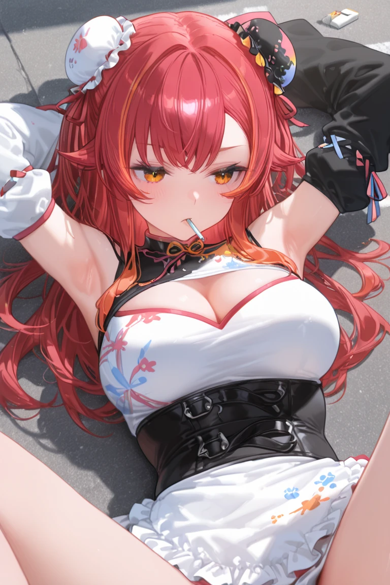 score_9, score_8_up, score_7_up, source_anime, illustration, BREAK 1girl, solo,(close up breasts:1.4),,wet skin,nikkeredhood, red hair, long hair, headgear, yellow eyes, red scarf, crop jacket, red jacket, black shrug \(clothing\), midriff, zipper, cleavage, large breasts, suspenders, fingerless gloves, room, indoors, looking up, lying, lying on bed, hand on stomach, hands on own stomach, bed, disgusting face, closed mouth, serious, navel, closed eyes,
