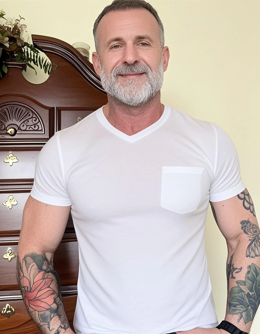 new man, White hair, tatuados, white goatee, in underwear in front of the mirror
