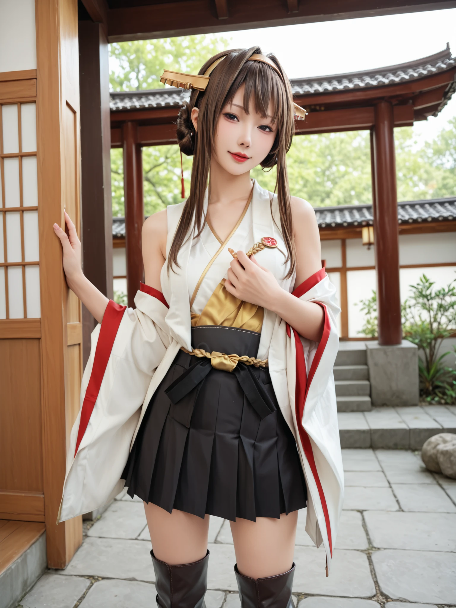 Kong KC,brown hair,long hair, knee-high, stupid hair, pleated skirt with fingers together, Hairbands, sleeveless, kimono, Black skirt, hair bun,Double Bang, headgear, thigh boots, ribbon trim, hakama, untraditional shrine maiden, Sleeves with ribbon
