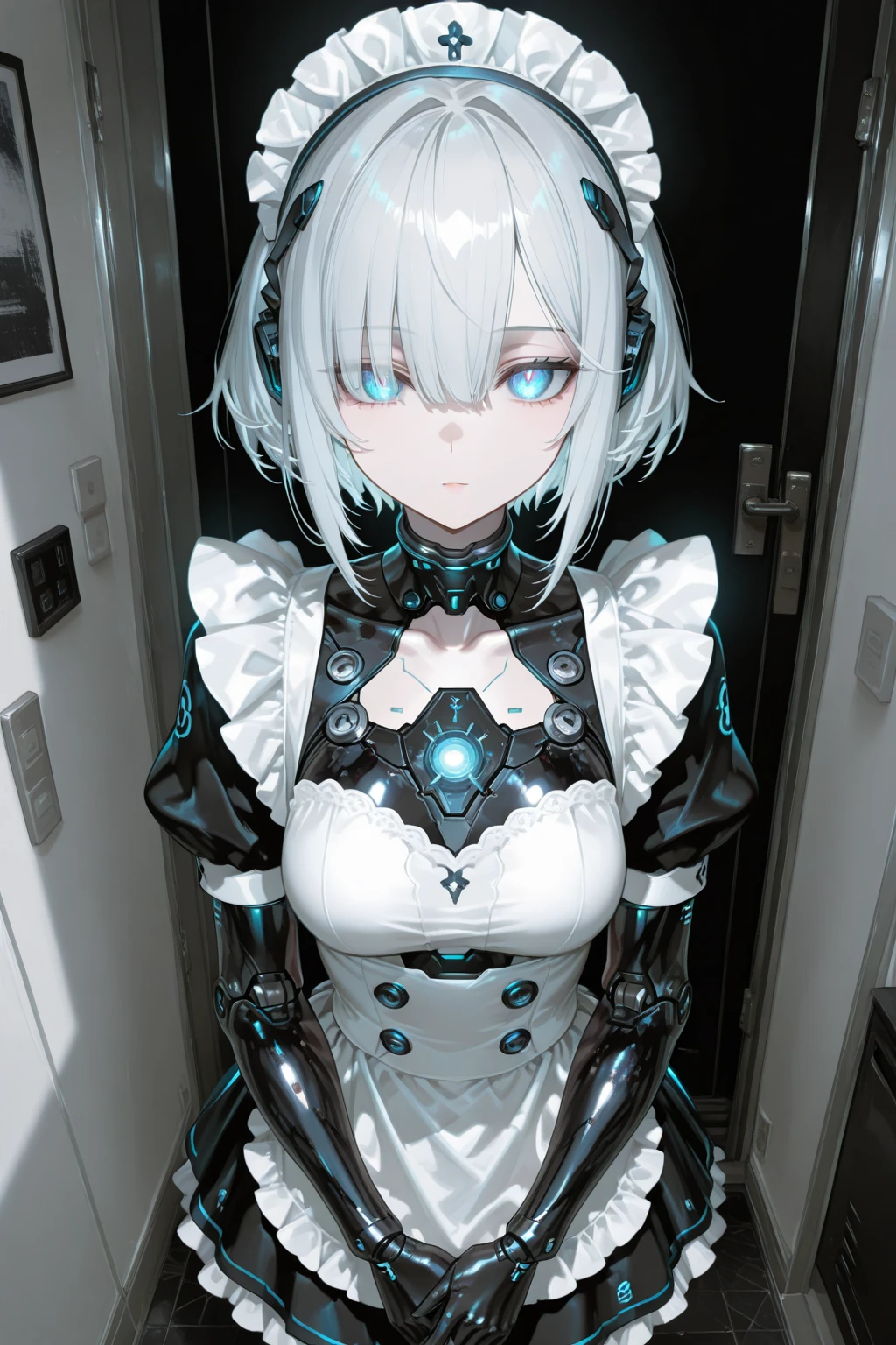 High image, Super Detail, High resolution, maid robot, Streamlined form close to humanoid, Blue LED at eye position, in the room