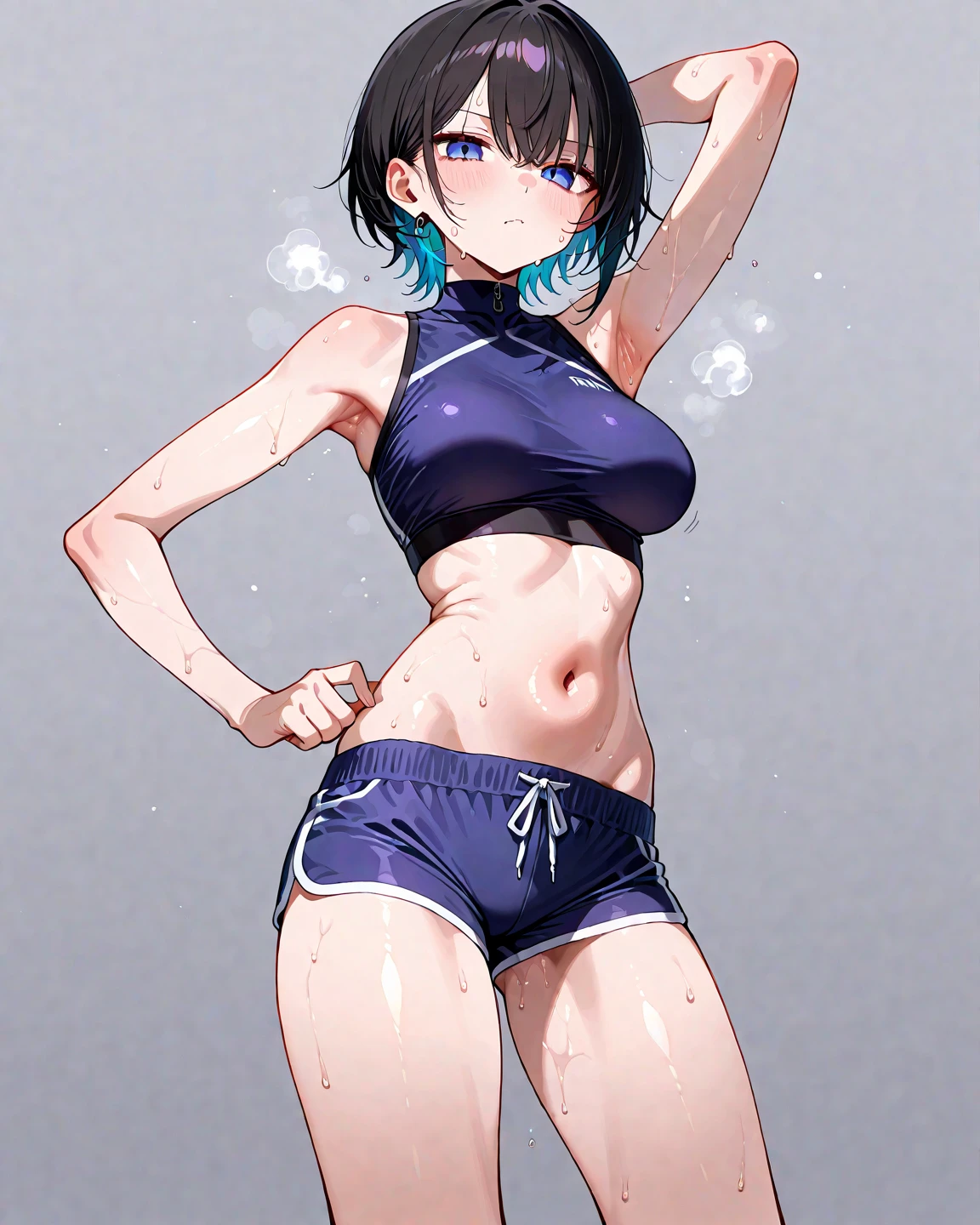 One person、Showing armpit hair、Ruffled swimsuit、Glare、、Small breasts、