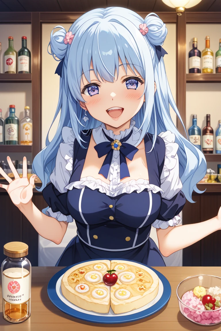 ((최고의 품질)), ((걸작)), (상세한), 여자 1명,Create an anime-style digital artwork of a character with long, blue hair tied into twin tails with bangs, and bright red eyes. The character has white rabbit ears and is wearing a stylish party dress. The setting is a grand feast, with the character sitting in front of a table full of delicious food. The scene should convey a festive and luxurious atmosphere.