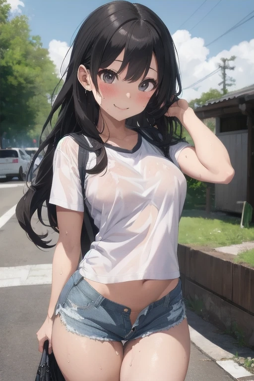 1 female,Black Hair,((12 years old)),(((Blue shiny shorts)))((Sexy black micro bikini))(((blush、Laughing with your mouth open)),(((Yuki Mikan))),(((Portraiture))),crowd,(((White See-Through Tank Top)))(Girl&#39;s body type)(((Small breasts)))Sexy pose