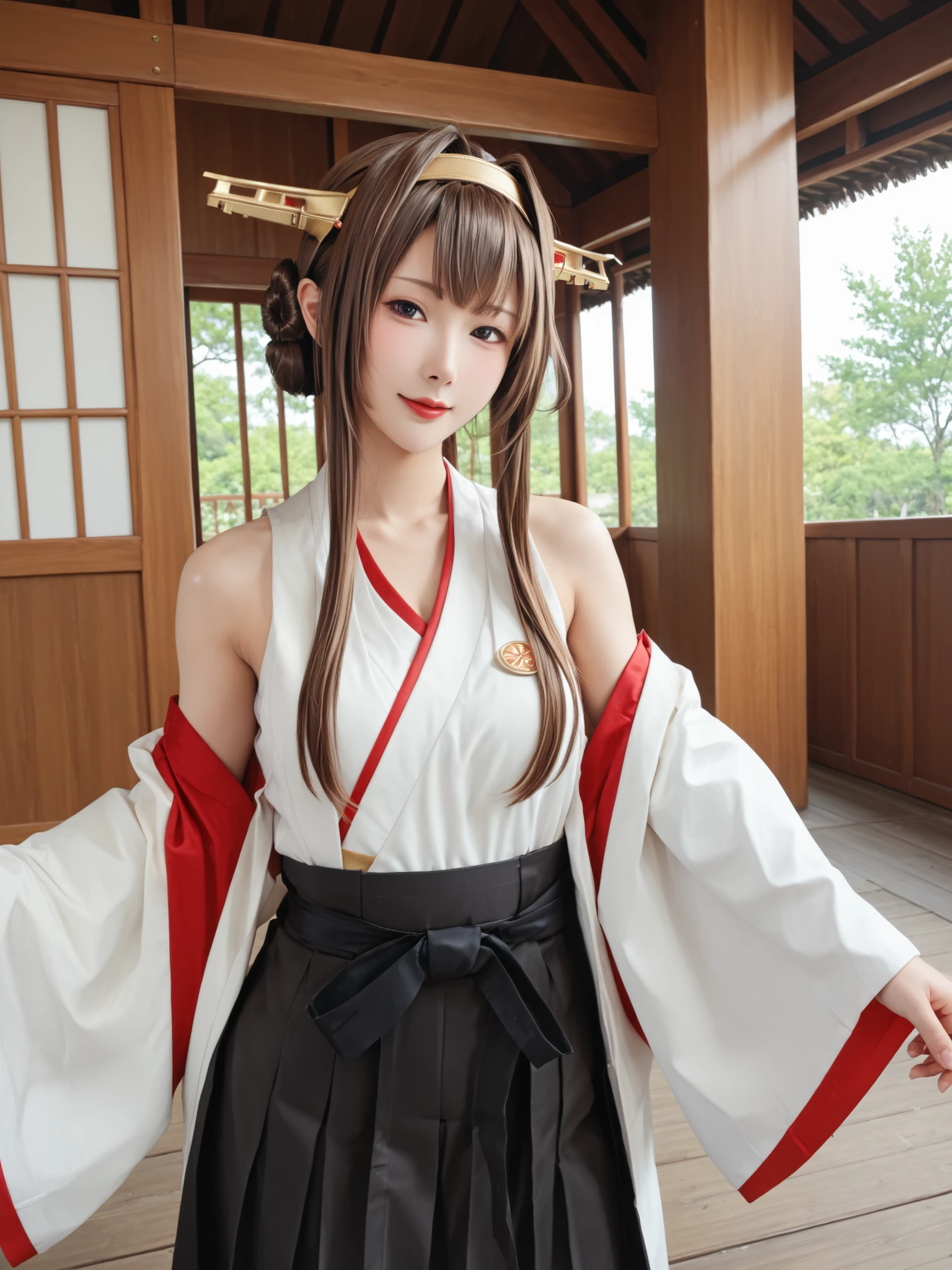 Armpit見せ,KingpinKC,brown hair,long hair, knee-high, stupid hair, pleated skirt with fingers together, Hairbands, sleeveless, kimono, Black skirt, hair bun,Double Bang, headgear, thigh boots, ribbon trim, hakama, untraditional shrine maiden, Sleeves with ribbon,top quality,masterpiece,beautiful older sister,stupid hair, superb milk,fleet this kushon,Kingpin,Armpit,Oh, so cute,Leading the Admiral Lovers, burning ・Love,