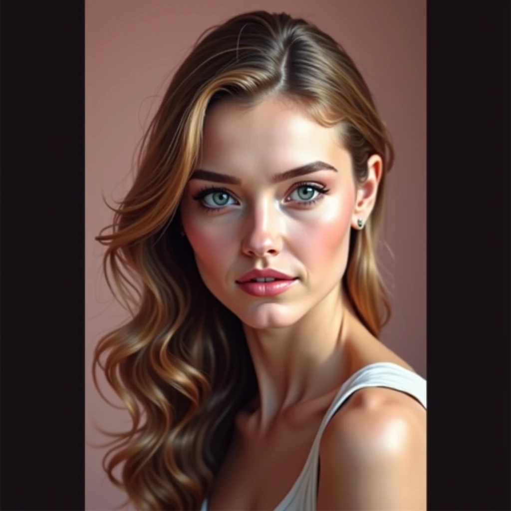 Realistic woman with wavy blond hair,  brown eyes, realistic face cabinet 