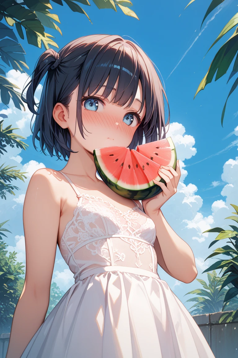 Absurd, Ultra-detailed,Bright colors,(8K:1.3),Masseter muscle area,Very beautifully detailed face and eyes, Age 25, Masseter muscle area、camisole、Shorts、Anthropomorphism of tomatoes,Medium chest、Red skin、Summer Morning、Ghibli,Tomato plantation