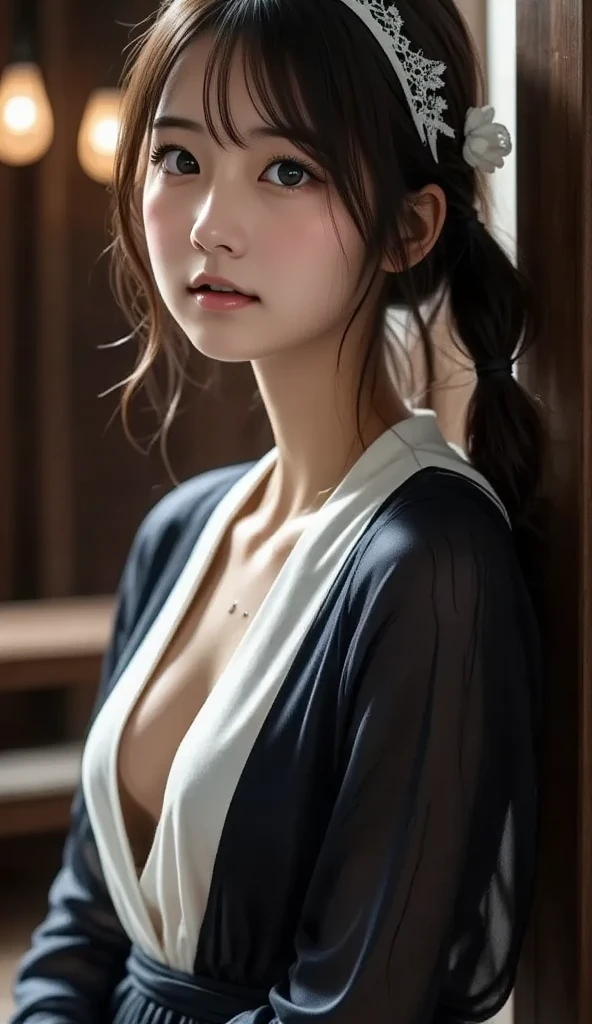 Surreal painting of female portrait in poster style,David Hockney and Alphonse Mucha style photo,动态照明,4K resolution shows extremely detailed face details,winning artwork,Night scene on dark background,Deep shadows bring a low-key mystique to the surface,The girl is wearing a denim outfit(Formal wear effect increased by 1.4 times),Has long and gray hair,Light and shadow renderings show nudity。