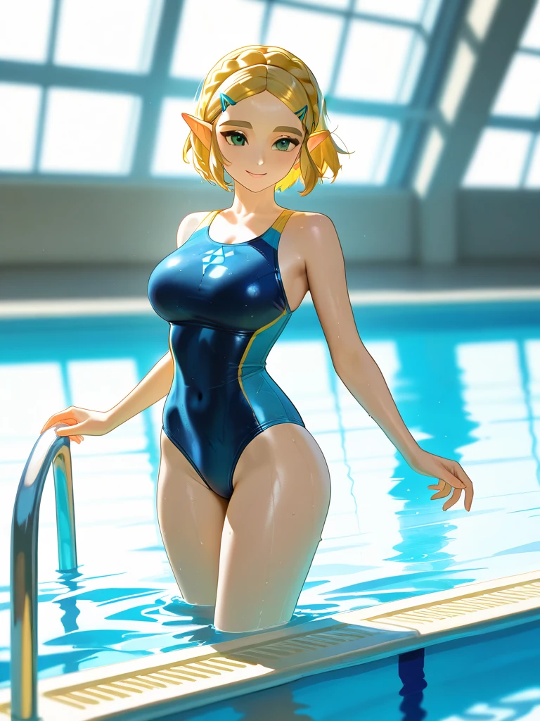 Pool parties, lively pool, playing water, The Legend of Zelda style, full body, best quality, masterpiece, very aesthetic, perfect composition, intricate details, ultra-detailed, vivid colors