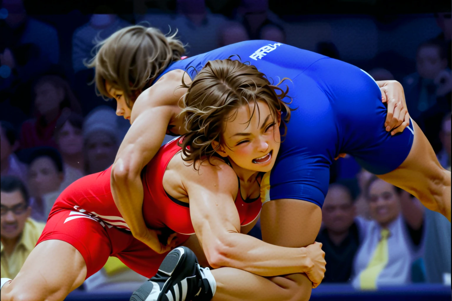 1A girl defeats her opponent in freestyle wrestling, sports, struggle, Competitions, high detail, Dynamic pose, Picture from above, sportsивная поза