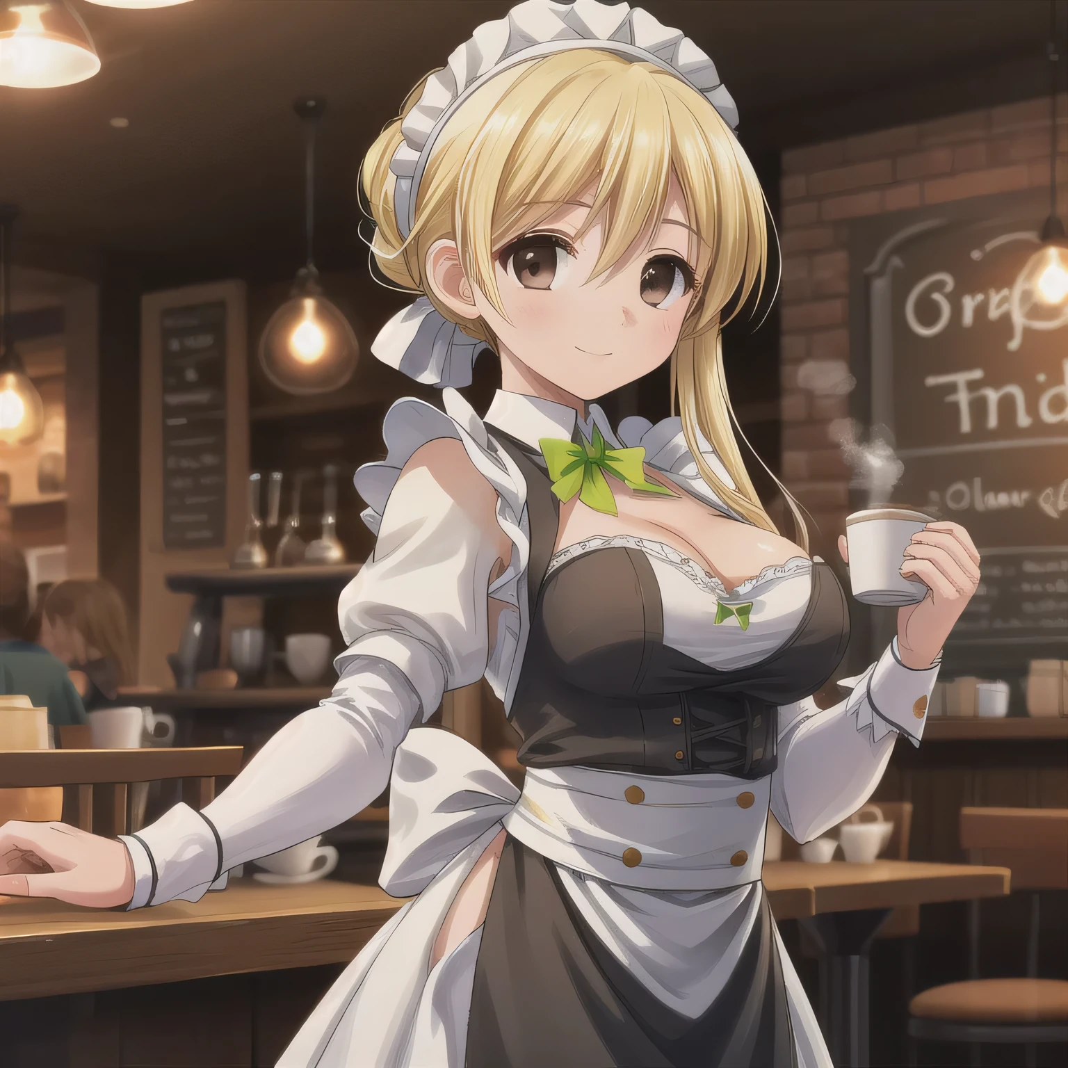 Realistic, masterpiece, Highest quality, (Beautiful Eyes), One high school girl, Huge breasts, Sweat, night, Outdoor, Vibrant restaurant, ((White lace frilled chest curtain:1.6)), smile, Wet Face, Wet body, ponytail, Earrings,  White apron,  Puff short sleeves,  Small tray,  Central opening, 