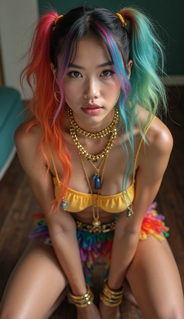 ((Highest quality、8K、masterpiece:1.3))、Beautiful girl、1 female、Big Tits:1.3、Slim figure:1.1、Toned Abs、A happy smile、Dark brown hair、(Pool、Wet body、Erotic:1.1)、Ultra detailed face、Detailed lips、Detailed eyes、double eyelid、Emerald left eye、Right eye is ruby、The left half of her hair is blonde、The right half of the hair is dyed red。disheveled bob hair、slightly muscular body,((multicolored hair colors:1.2)),(Dreadlocks:1.4),,(((Completely naked))),(((nsfw)))