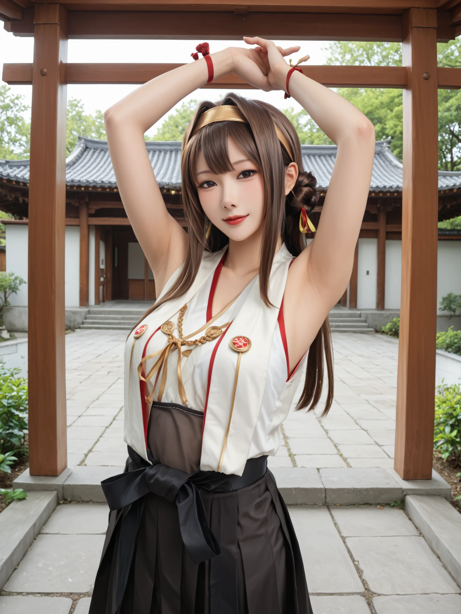Armpit見せ,KingpinKC,brown hair,long hair, knee-high, stupid hair, pleated skirt with fingers together, Hairbands, sleeveless, kimono, Black skirt, hair bun,Double Bang, headgear, thigh boots, ribbon trim, hakama, untraditional shrine maiden, Sleeves with ribbon,top quality,masterpiece,beautiful older sister,stupid hair, superb milk,fleet this kushon,Kingpin,Armpit,Oh, so cute,Leading the Admiral Lovers, burning ・Love,