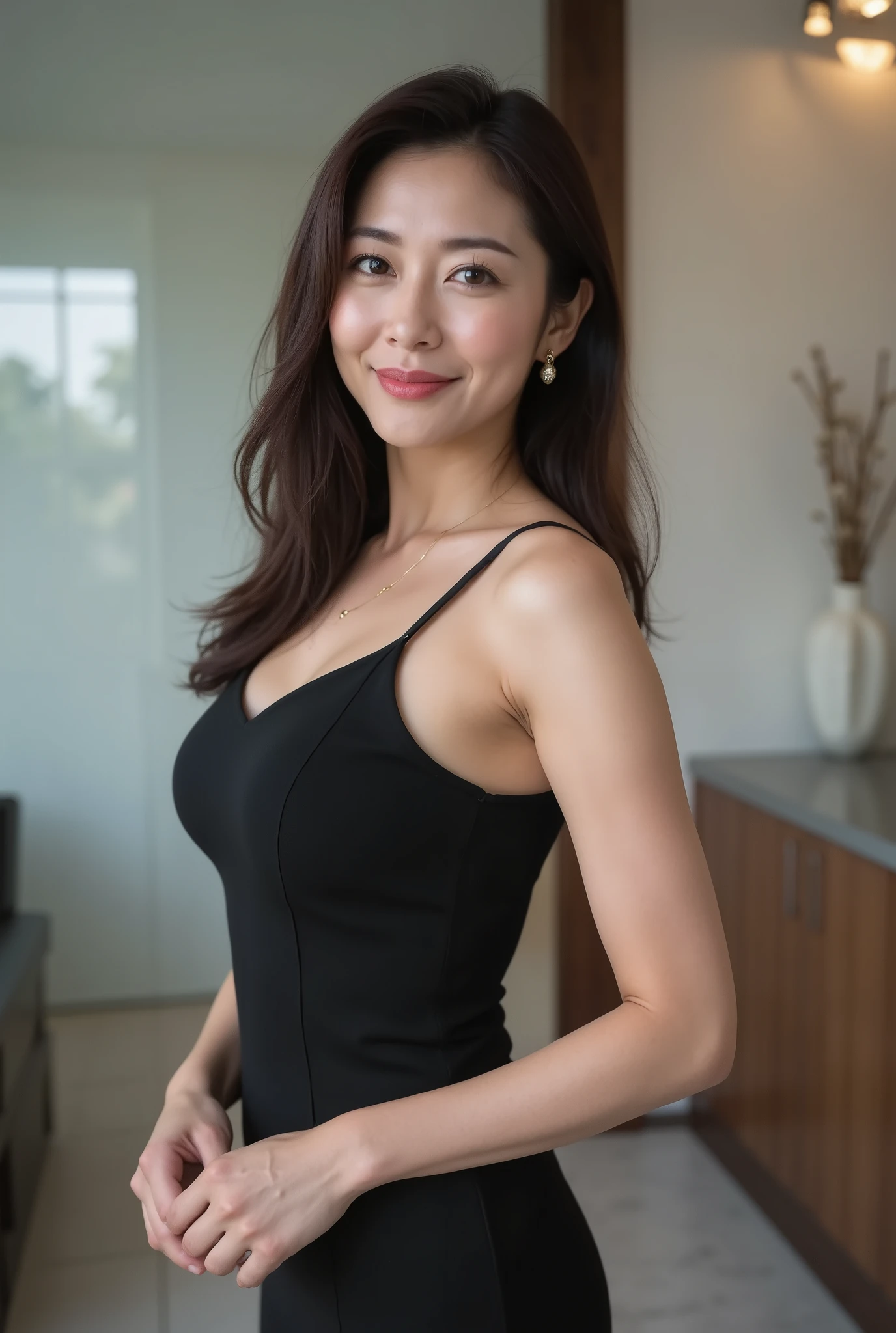 A mature Japanese woman aged 48. She stands elegantly in a minimalist, modern space. She wears a sophisticated black dress, exuding an elegant yet understated sensuality that emphasizes her beautiful, toned figure. Her posture is confident, characterized by soft curves and natural body lines. Her expression is calm and elegant, with a beautiful smile line, natural makeup, and realistic skin texture. Her long black hair flows gently over her shoulders.

The lighting is cinematic, with soft highlights and gentle shadows emphasizing her natural beauty and maturity. Her eyes are realistic, with detailed irises and subtle catchlights in the pupils, expressing depth and emotion. The composition is full-body (not a close-up), in focus, sharp, and photorealistic, utilizing physically based rendering. The atmosphere is refined, sophisticated, and mature, with high-resolution details and soft depth of field enhancing realism.

(Realistic: 1.2), (Photorealistic: 1.37), (Mature Woman: 1.4), (Age 48: 1.4) , (Elegant: 1.3), (Fine laugh lines: 1.5), (Sexy yet elegant: 1.25), (Cinematographic lighting), (Ultra-high resolution), (Perfect skin texture), (Detailed eyes), (Natural light reflection), (Formal beauty: 1.3), (Full-body, no close-up), (Minimalist background)