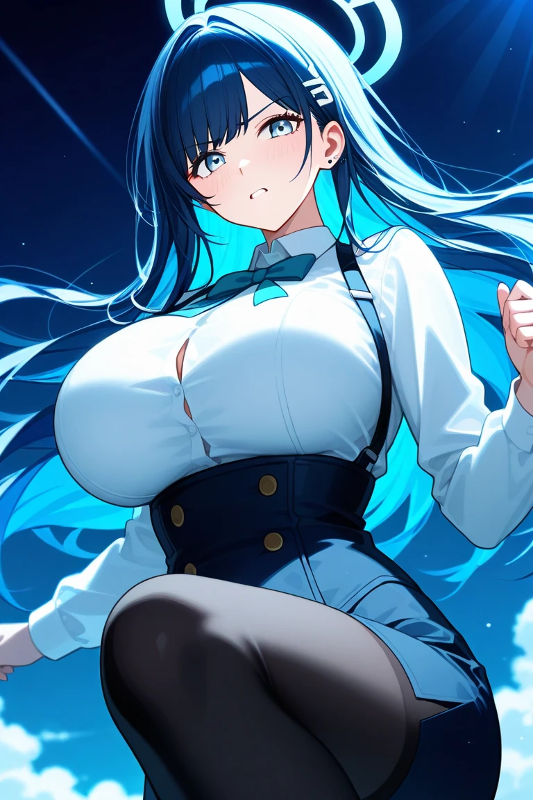 One person, Blue Hair, Long Hair, Ahoge, blue eyes, Very large breasts, Wolf Ears, Blue aura