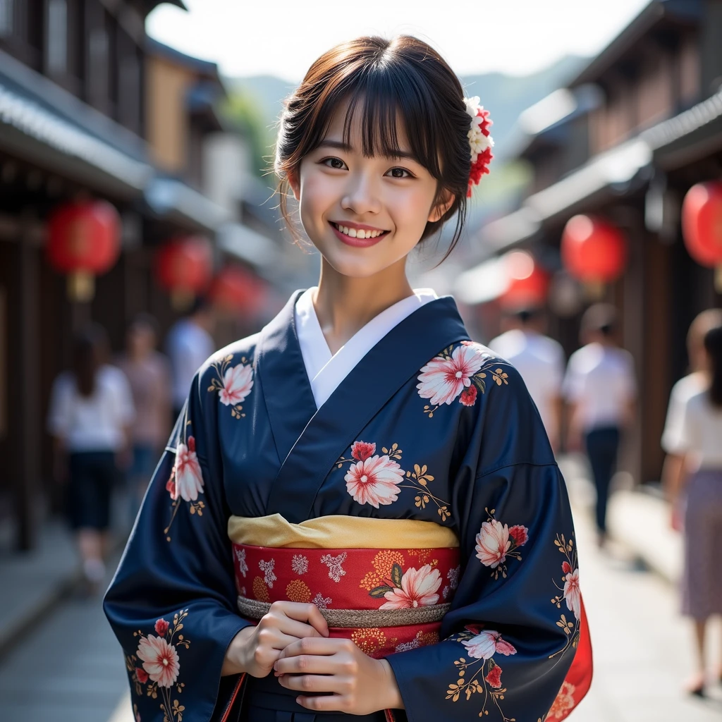 My cute girlfriend is a kimono model.、Beautiful smile、he is short、brown hair、hair ornaments、Colorful and flashy kimono、
