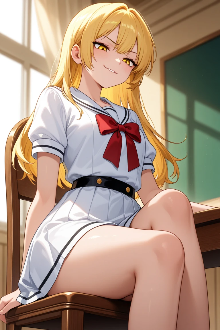 a very sexy cartoon cartoon girl in a white shirt sitting on a bed, 1girl, blonde hair, breasts, long hair, solo, RED eyes, ahoge, shirt, cleavage, sitting, blush, wariza, naked shirt, white shirt,Ichigo Hoshimiya (Aikatsu!),nipple pull