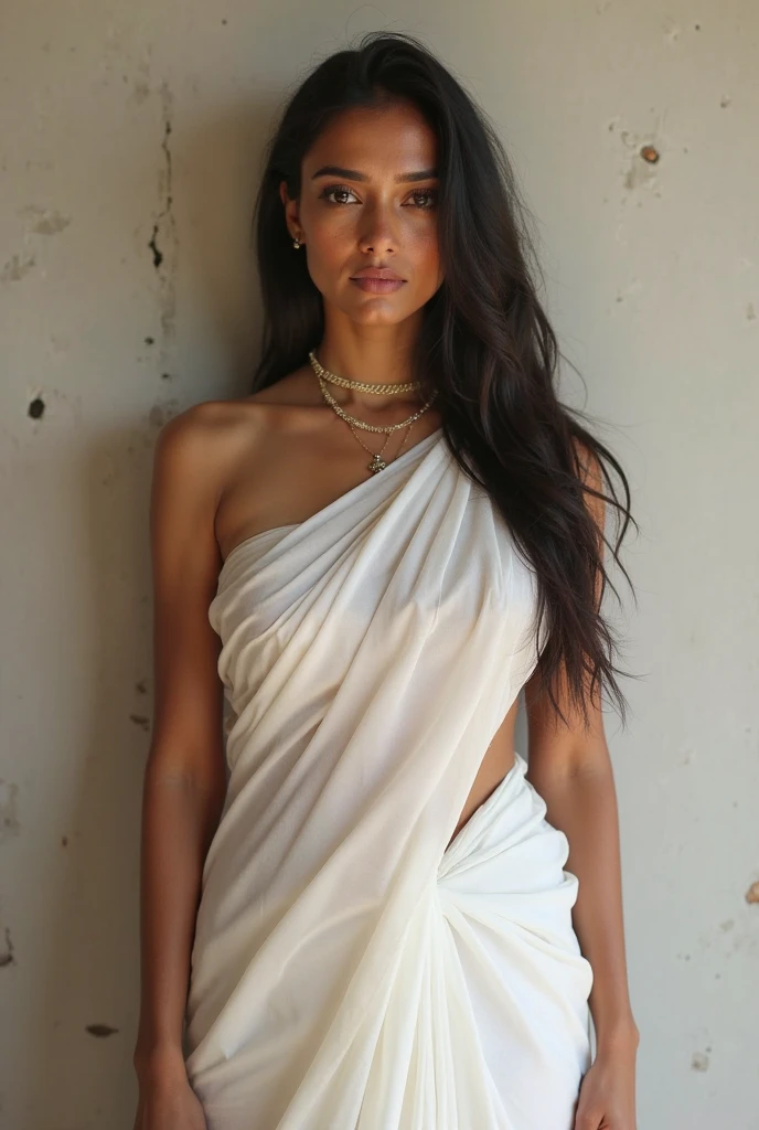 A Very Beautiful White and Fair skinned Girl, whose age is 24, Her hair style is layer cuttee, her hair is black in colour, hour glass body, heart shaped lips, deep set attractive eyes, Raised nose, Round ear shape, Large chest and natural breasts, plain white skintone, wearing saree
 she is indian, her body is hour glass and normal size, normal cheeks, lips are closed