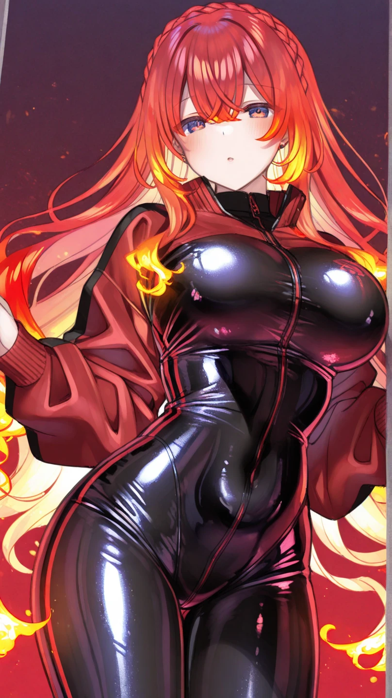 Adult woman, long bright red fiery hair, bright red fiery eyes, bright red fire dress, Tentacles made of magma, smirk, The Masterpiece, hig quality