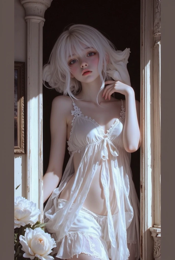 best quality, tmasterpiece,Ultra-high resolution,Clear face,（Reality：1.4），ferpect lighting，(upper body shot:1.7), (photorealistic:1.50), anime wallpaper, Guviz style artwork, cover-up fantasy up to magic , by Yang J, Guviz, beautiful artwork illustration, beautiful digital artwork, beautiful digital illustration, Li Song, beautiful anime portrait, art style in Beauvot,1girl, 独奏, (long hair), Messy hair, (white hair), long hair, (animal ears:1.5), blue eyes, (white clothes),(white dress),bracelets, ???? shoulders,Sleeveless, Giant ??????:1.3, plaid, gladiator sandals, standing, indoor, (Curtain background),Inside the house,