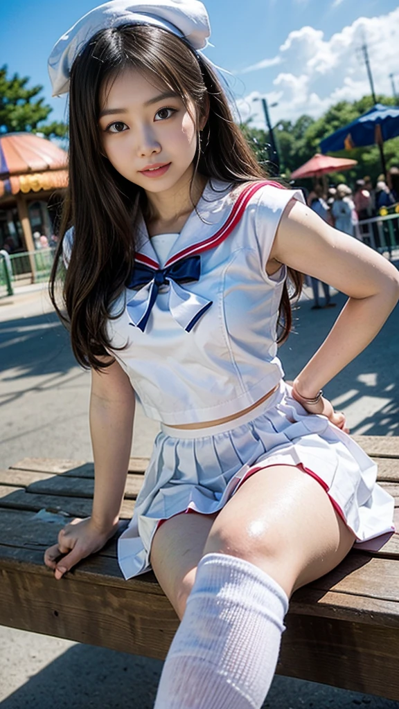 ((Great quality,Great quality,high quality, very beautiful,beautiful, 最high quality, Realistic)),Real Life,One girl,beautiful girl,((Very little girl))small,((Magical girl)),Blunt bangs,short sideburns,Dark green hair,Brown eyes,Round eyes,Red Bow, ,10 years old, Blunt bangs, short ponytail, ((Big Breasts)), ((Pink sailor collar)), Thighs, {Pink knee socks}, Frilled knee socks,Detailed body,photograph,Shadow,3D, Heart Brooch, {{pink elbow_gloves)), Pink and white outfit,swollen_short_sleeve,{marching band},Rhythmic,texture,{Covered navel},Magical Effects,Idol Pose,smile,Navel exposed, View your viewers, ((Transform your clothes, dance,thank you, 最high quality, Great quality, very beautiful, Absurd))、Browsing Caution:0.99