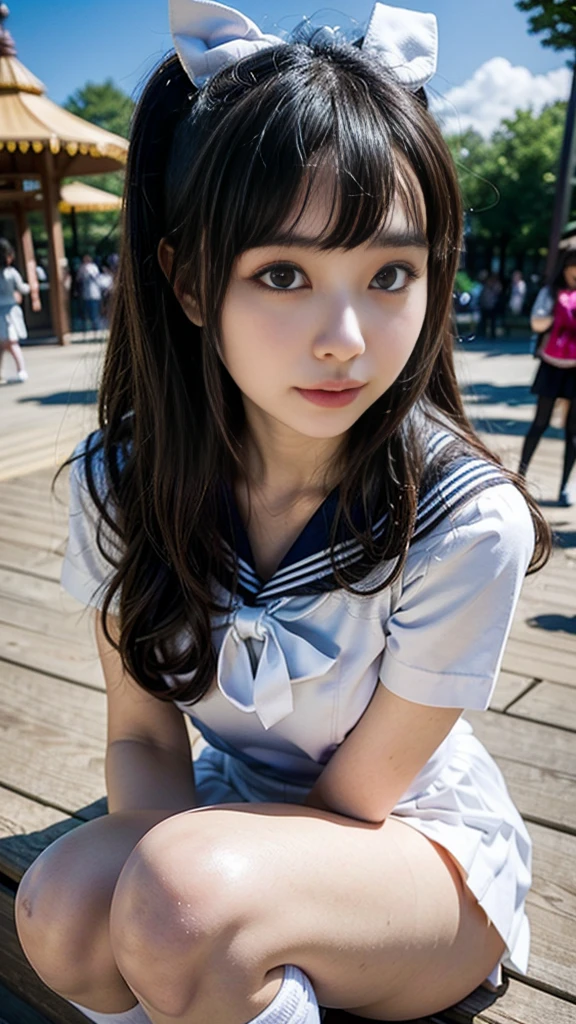 A girl,petite,realisticlying,Wearing a sailor uniform,Realistis,exteriors,Floating hair,Detailed face --auto