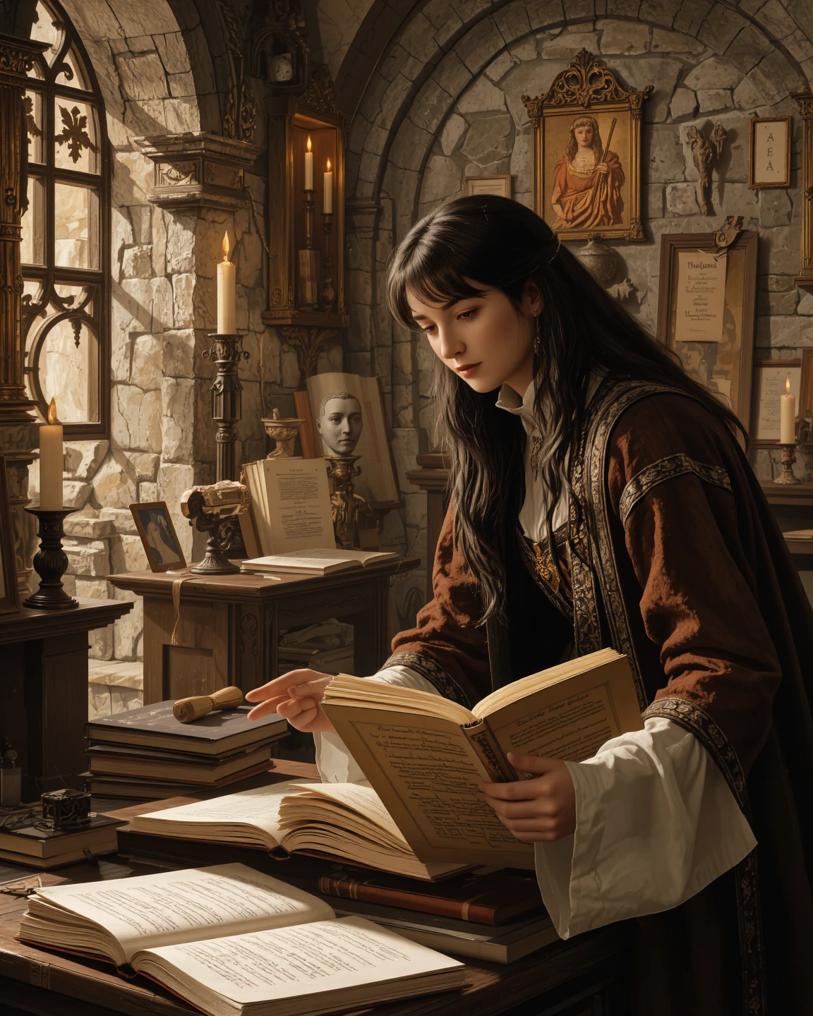 Woman with long black hair is in a medieval room sitting in a rocking chair reading a large old book. The room showcases his imagination containing various historical and mythological characters