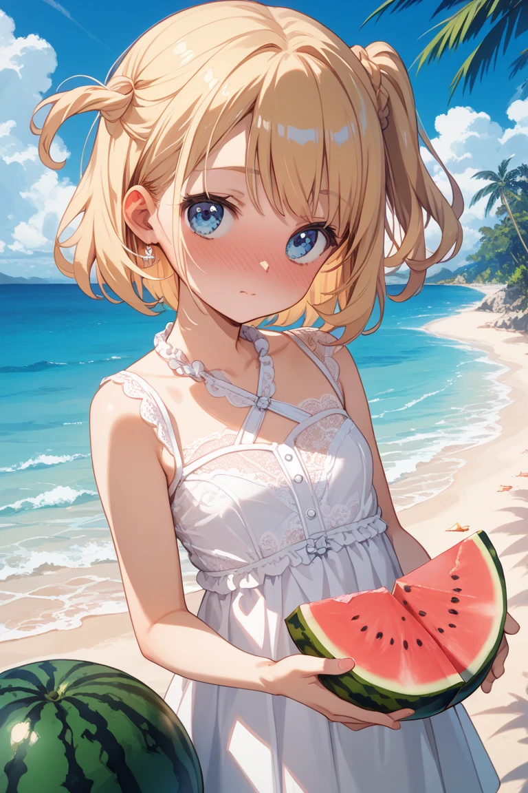 One girl, blonde short hair, wearing a swimsuit and eating Watermelon,(((masterpiece))), (((best quality))), ((ultra-detailed)), (illustration), (detailed light),((an extremely delicate and beautiful)),(beautiful detailed eyes),