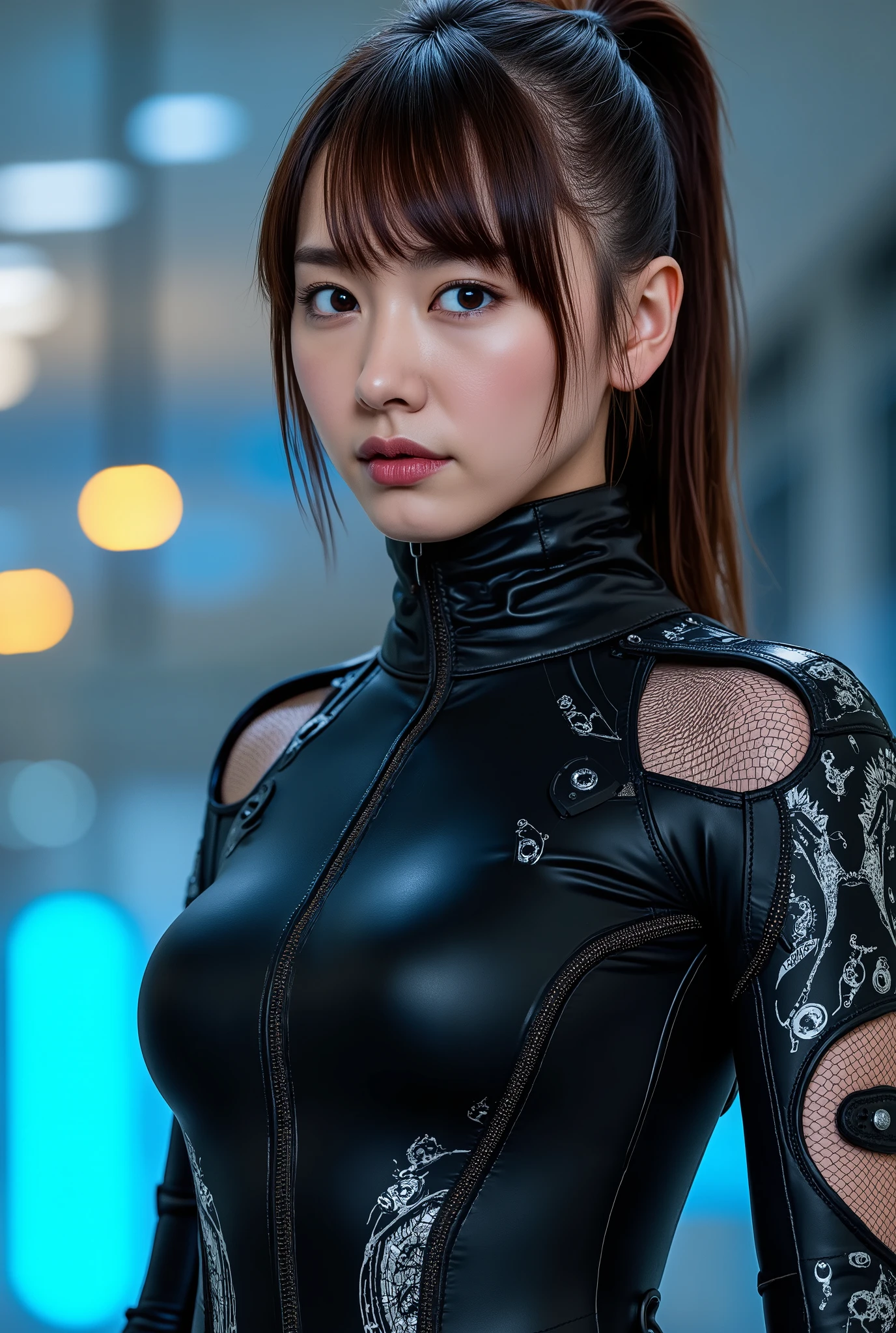 Dark Body 8K Drive Rendering, Teenage Female Cyborg, Black mesh hair, Colossal tits, In the city of neon lights, action SHOT, closes mouth, ((a closed mouth)), Skin pores, Detailed complex iris, Very dark lighting, heavy shadow, Detailed and detailed face, ((vibrating, photos realistic, realist, Dramatic, murky, foco nítido, 8?And then)), ::Futuristic cyberpunk style, , Wear a luminous platinum bodysuit, Realistic style, ::n_digital-painting style