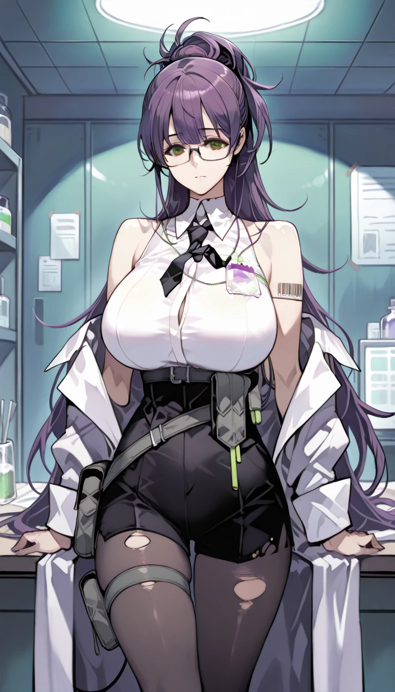 masterpiece, detailed, high quality, absurdres, meloco, 1girl, solo, blush, large breasts, curvy, wide hips, groin, choker, collared shirt, cleavage, black bra, labcoat, pencil skirt, side cutout, sitting, chair, infirmary,