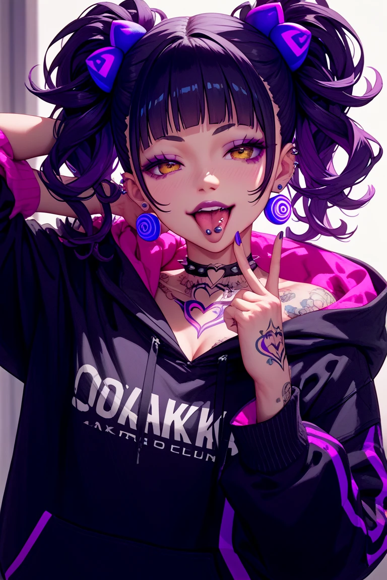 Takiuchi, Check it out, Long Hair, bangs, Black Hair, (Purple eyes:1.2),Blue hoodie Front opening,Food up,Blowing bubble gum, Pink bubble gum,Bobcut,Belly button tank top,Denim shorts, choker, (graffiti:1.5), Paint splashes, Place your arms behind your back, Against the wall, Looking at the audience , Thigh straps, Tilt your head, was bored,break outdoors, alley,break looking at viewer, (Cowboy Shot:1.5),
break (masterpiece:1.2), highest quality, High resolution, unity 8k wallpaper, (shape:0.8), (Beautiful and exquisite:1.6), Highly detailed face, Perfect lighting, Extremely detailed CG, (Perfect hands, Perfect Anatomy),